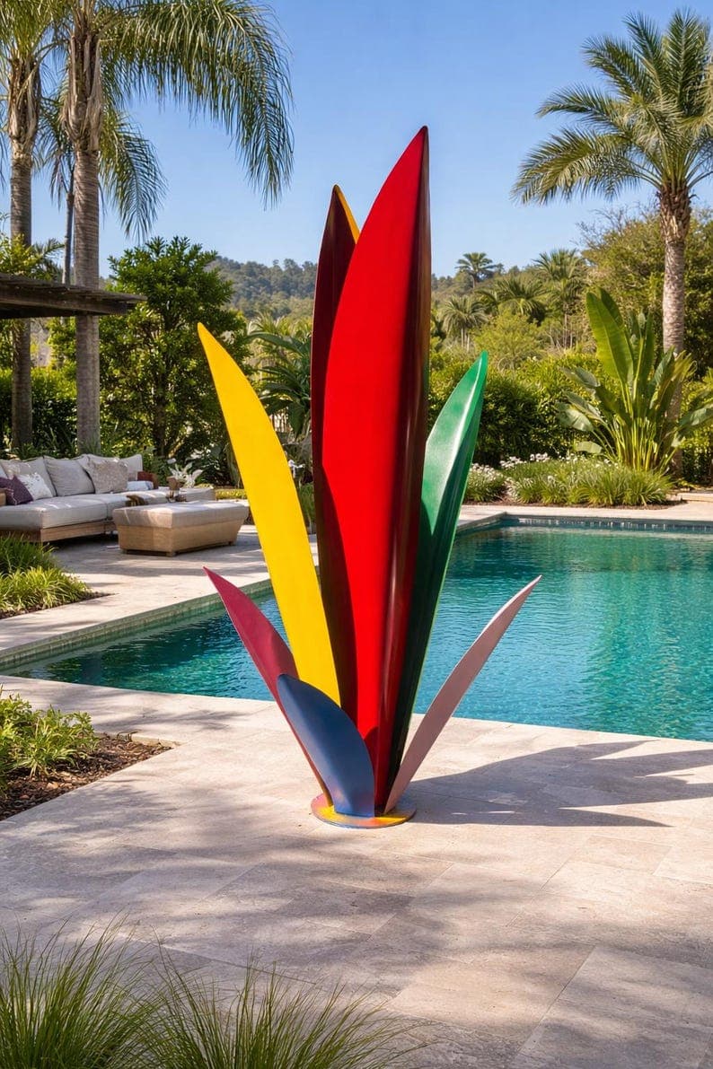 60-inch Rainbow Agave sculpture beside a pool