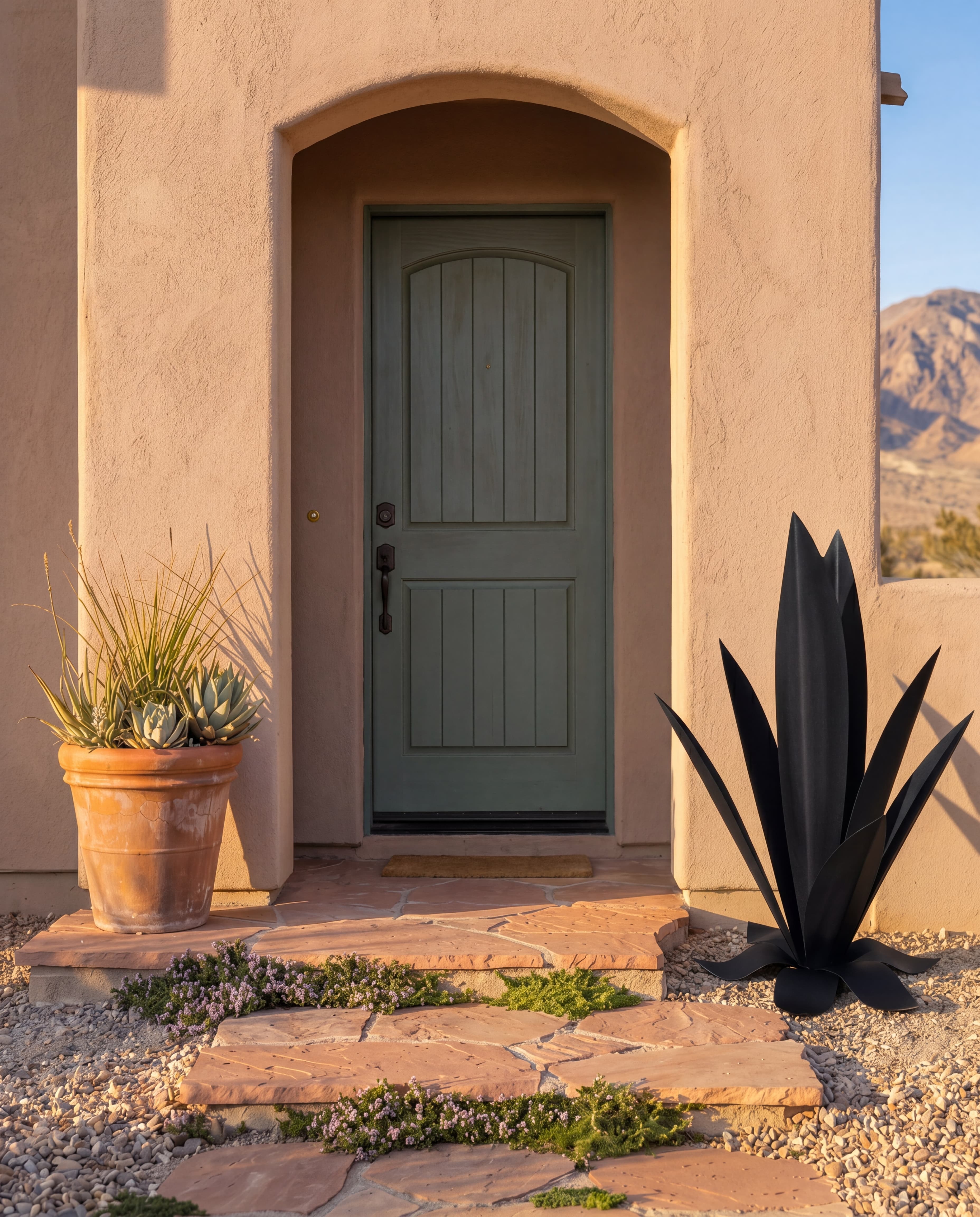 Matte black steel Agave at a home entrance