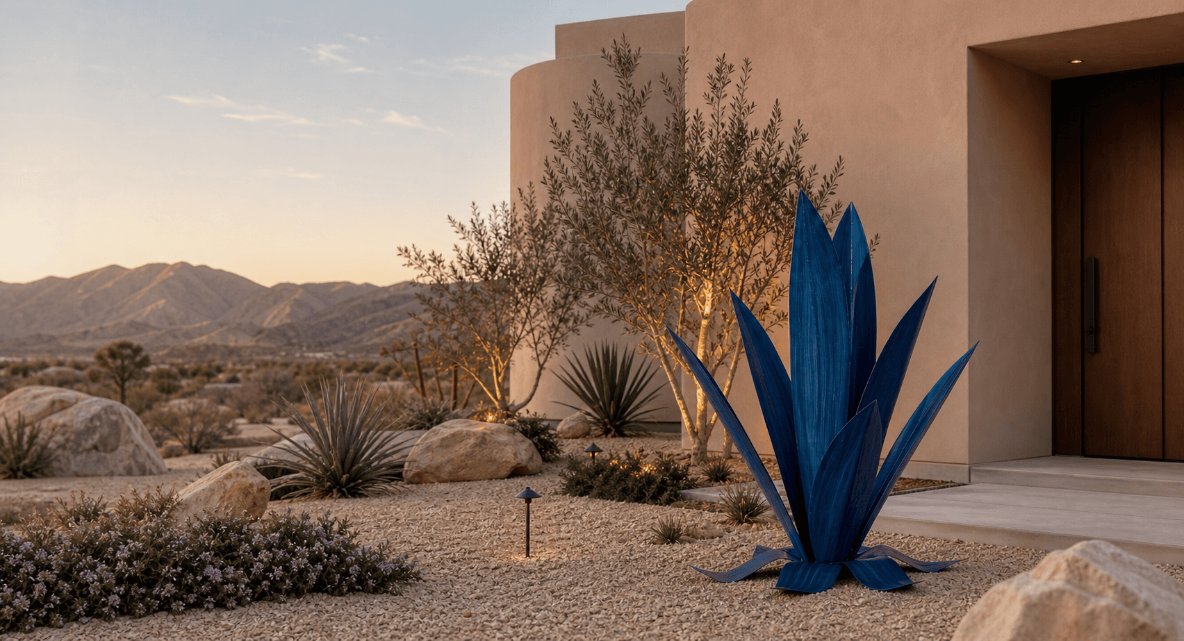 Handcrafted steel Agave in a desert-inspired landscape